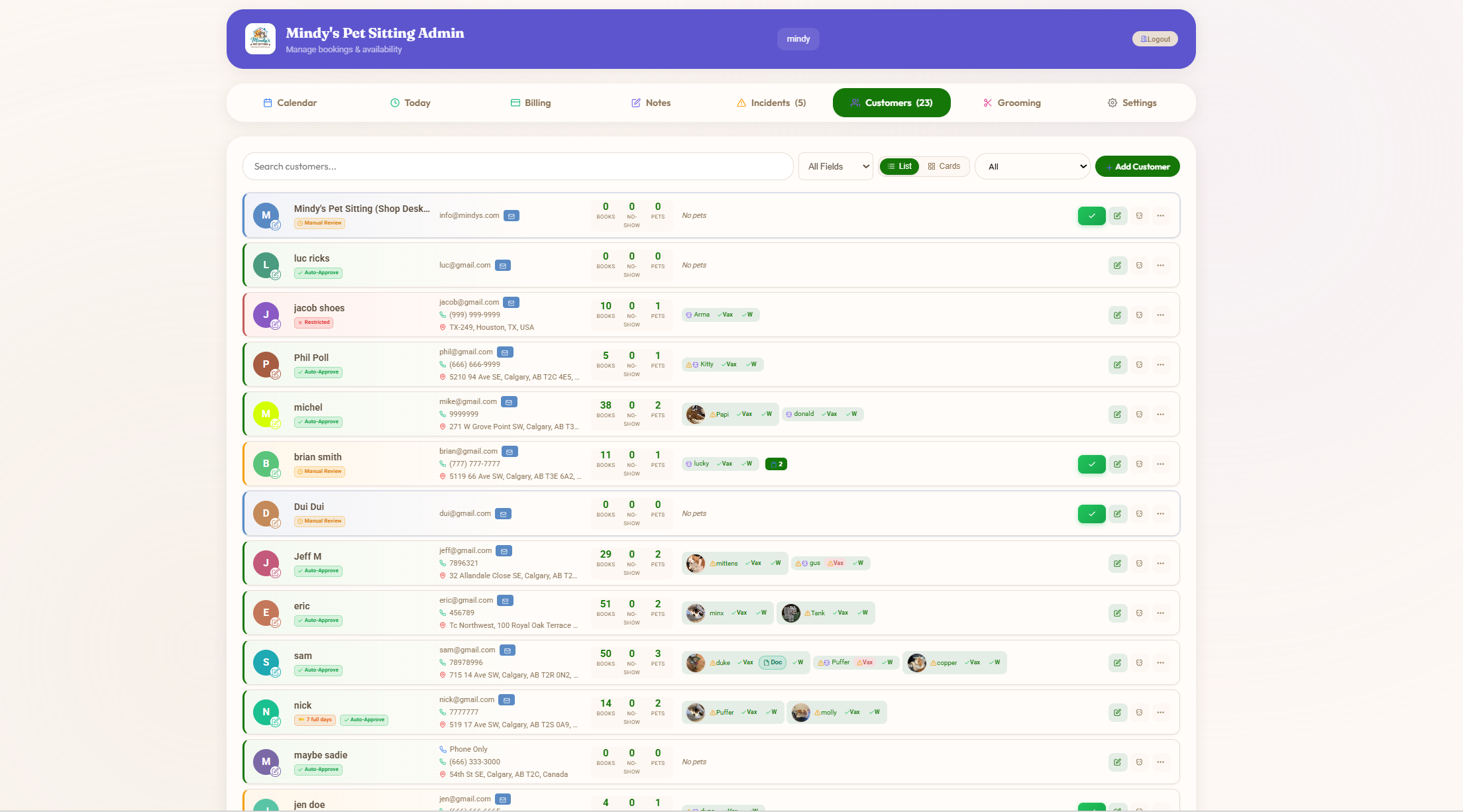 Grid of customer cards showing names, contacts and quick actions