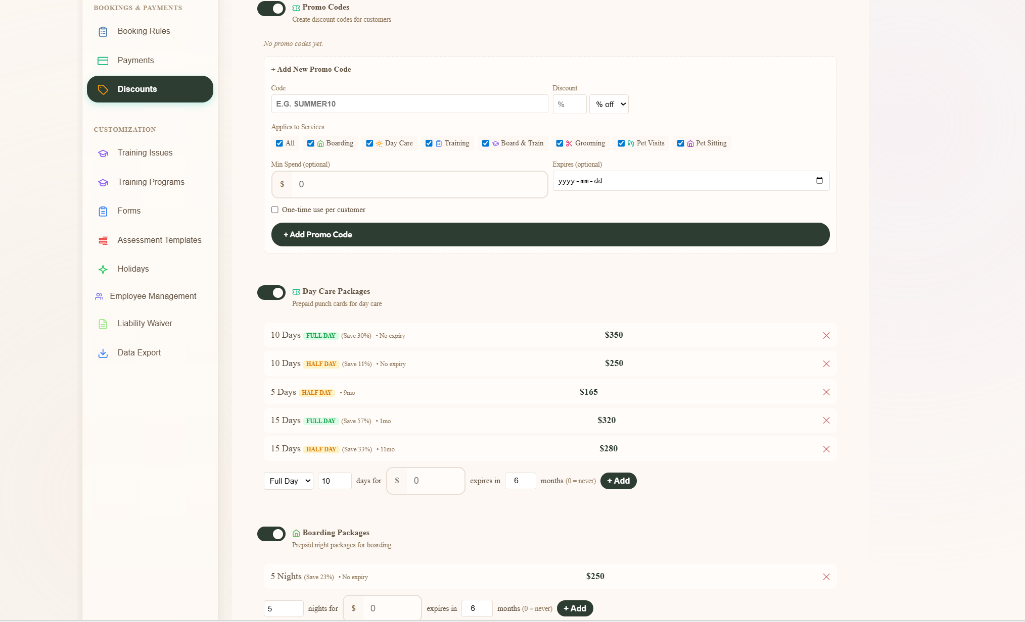 Discounts admin panel with promo code form on top and Day Care Packages and Boarding Packages tables underneath showing 10-day and 20-day bundles