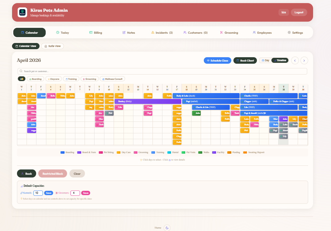 Multi-service monthly Gantt calendar showing boarding, daycare, training, grooming and wellness color-coded by service