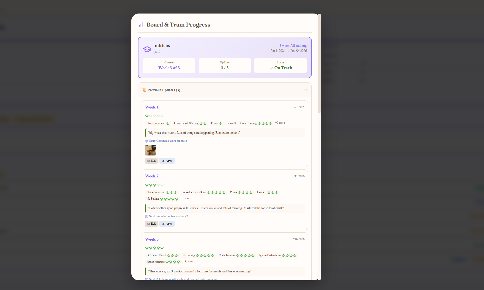 Customer-side Board and Train Progress modal for mittens showing 3 week full training, Week 3 of 3 current status, 3 of 3 updates, On Track status, and the Previous Updates expanded with Week 1 Week 2 and Week 3 cards each showing skill ratings, customer-facing notes and a photo