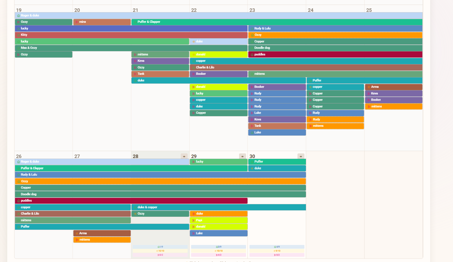 Full-month boarding calendar with every pet's stay shown as a colored bar across days