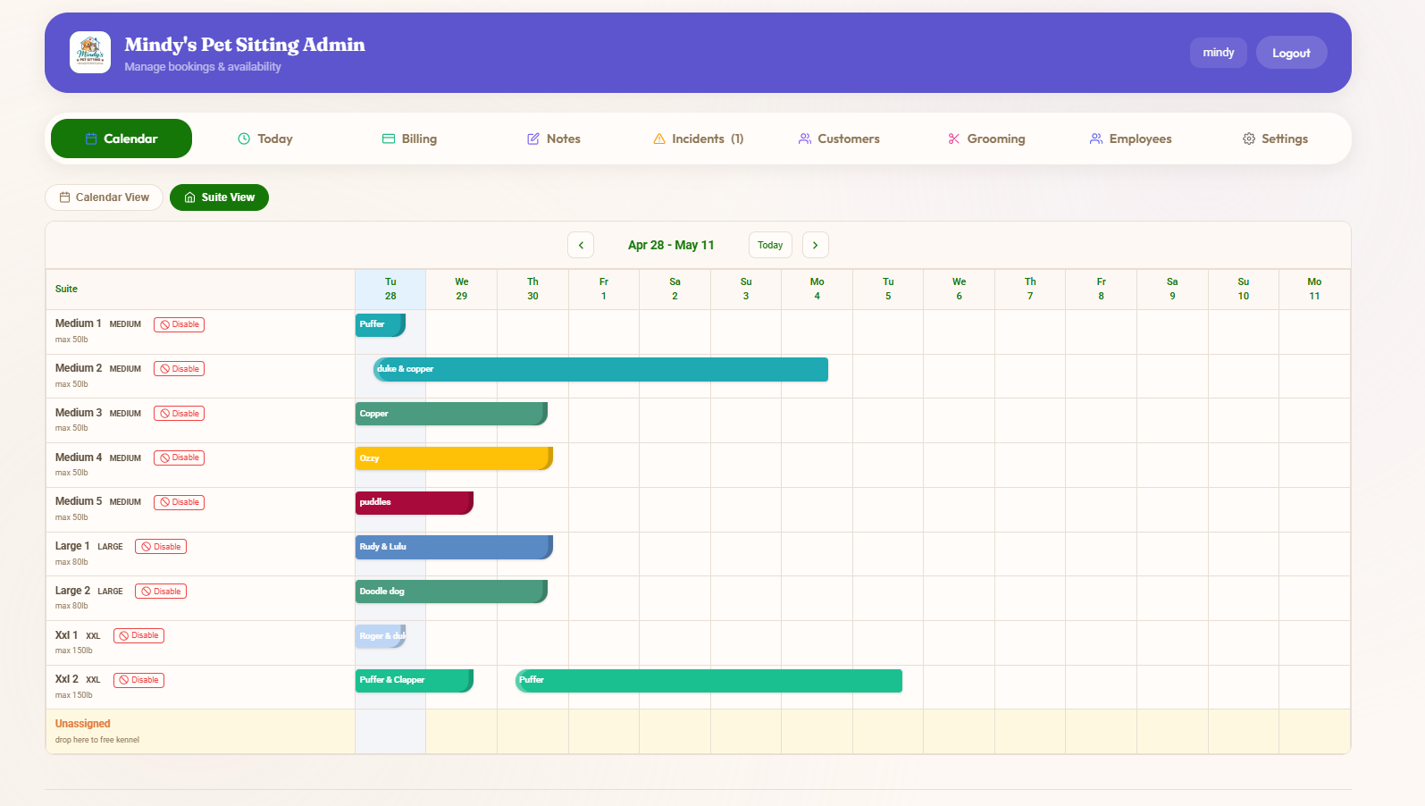 Per-kennel calendar with named suites as rows and drag-and-drop boarding bars across two weeks