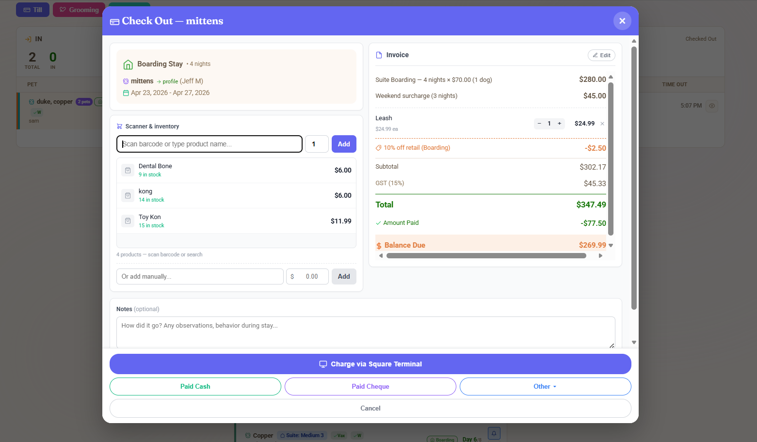 Unified checkout with the stay, scanned retail items, line-item invoice with discount and tax, plus terminal, cash and custom payment buttons