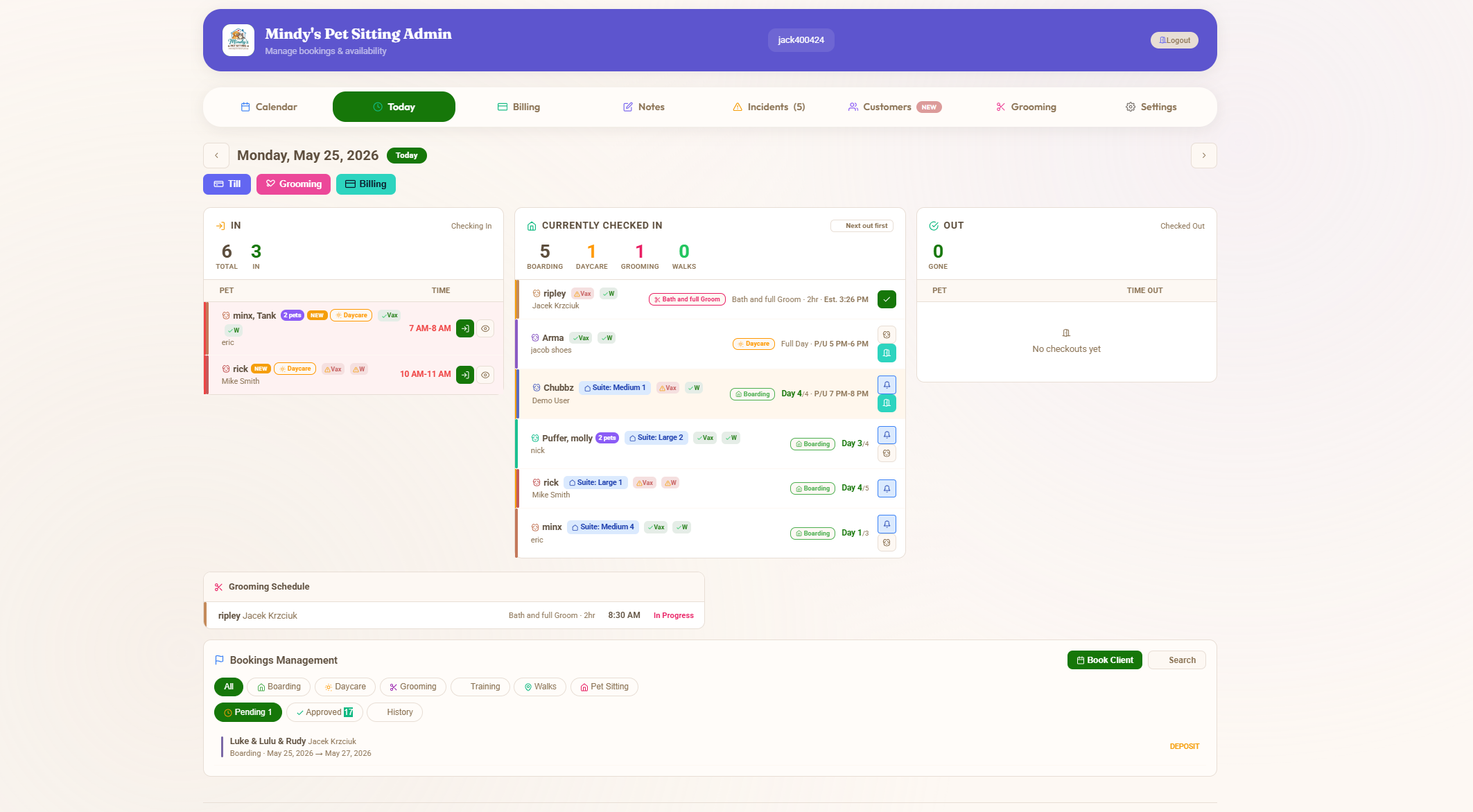 Today dashboard with drop-offs, currently checked in, and pickups side by side