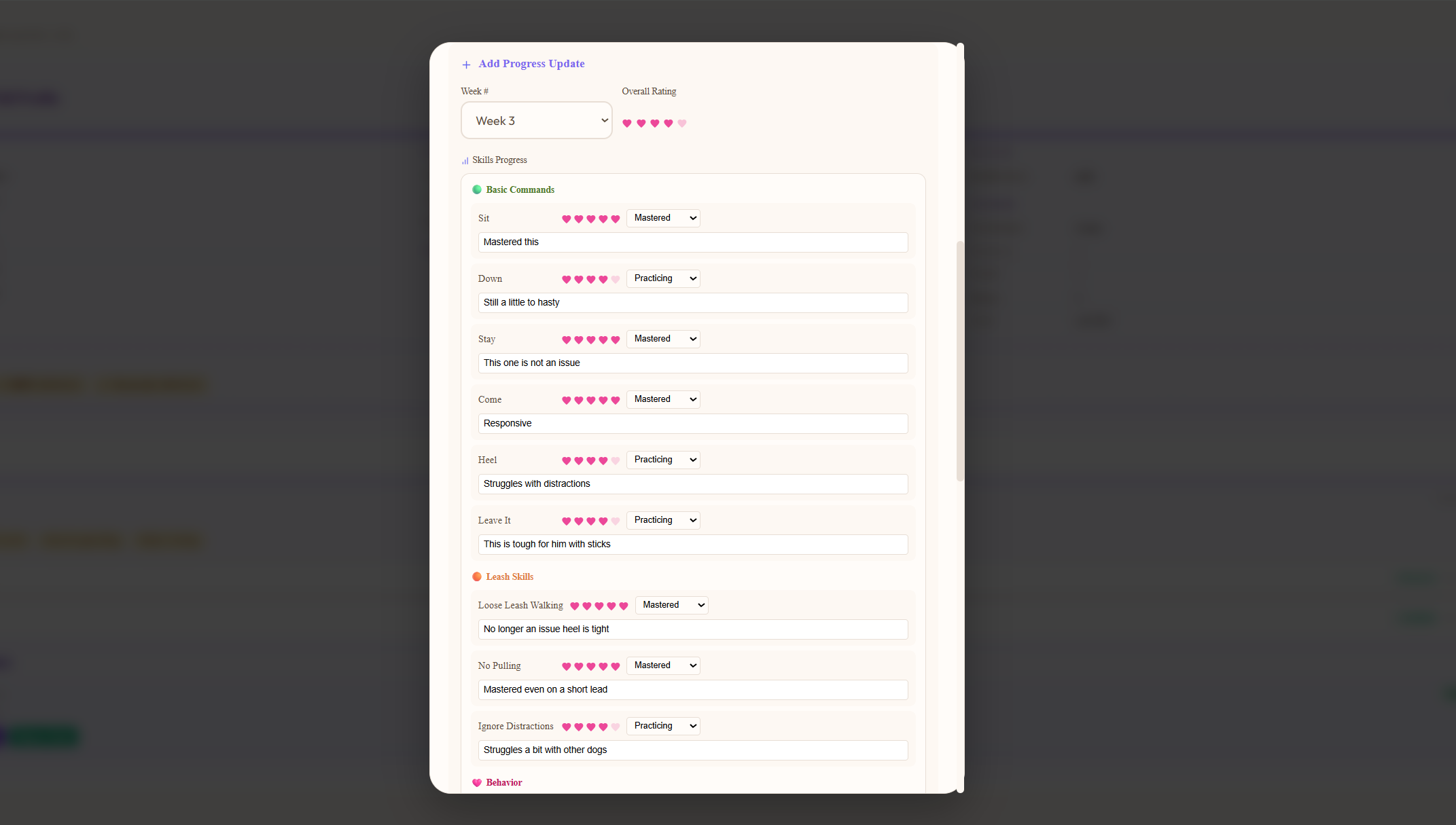 Trainer-side weekly progress update form with skill rows showing mastered/practicing/learning toggles per skill, rating selector, customer-facing notes textarea, photo and video upload, focus area and homework fields