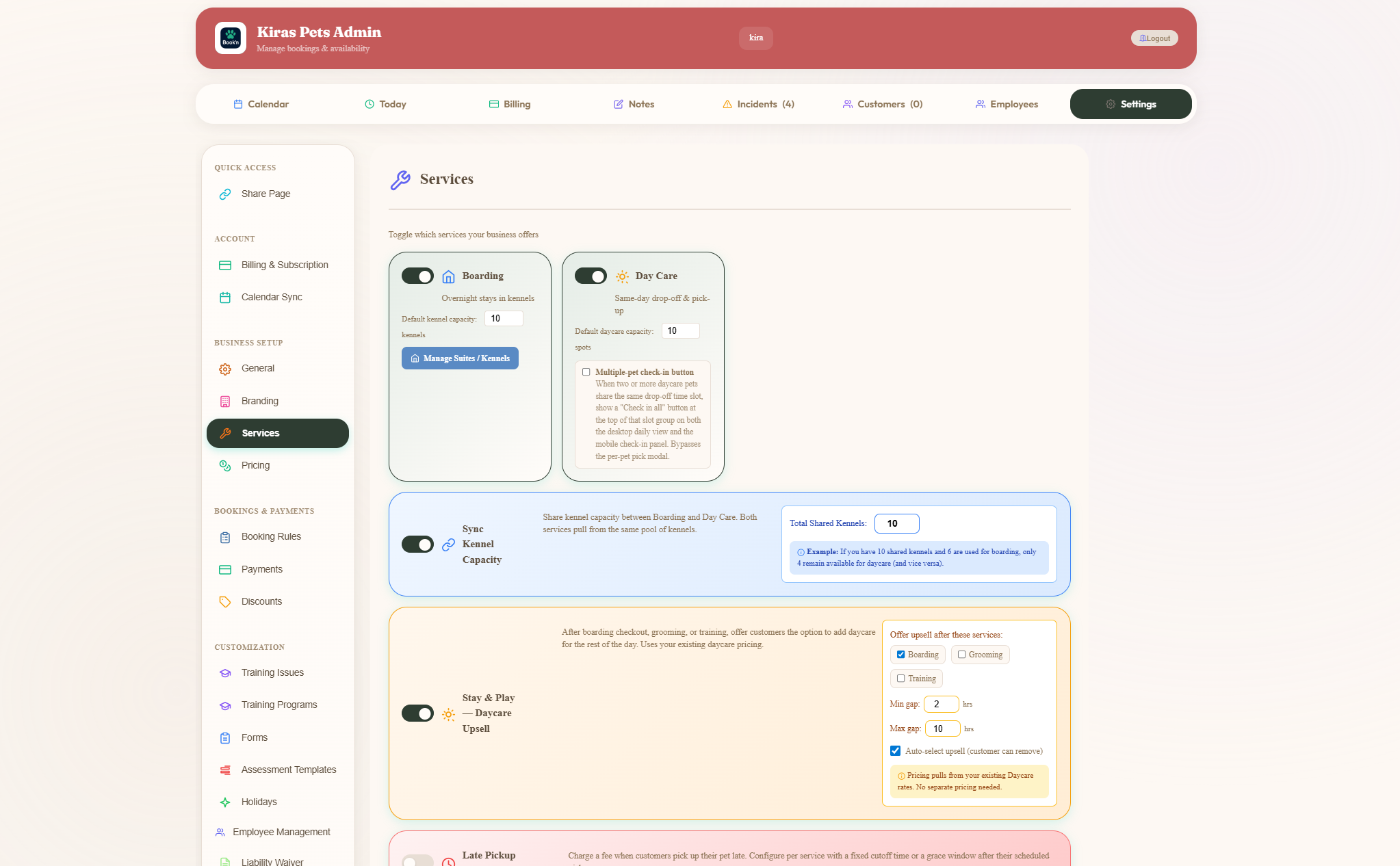 Admin Services panel showing Boarding and Day Care toggles, joint kennel capacity tied together, and the Late Pickup fee configuration block