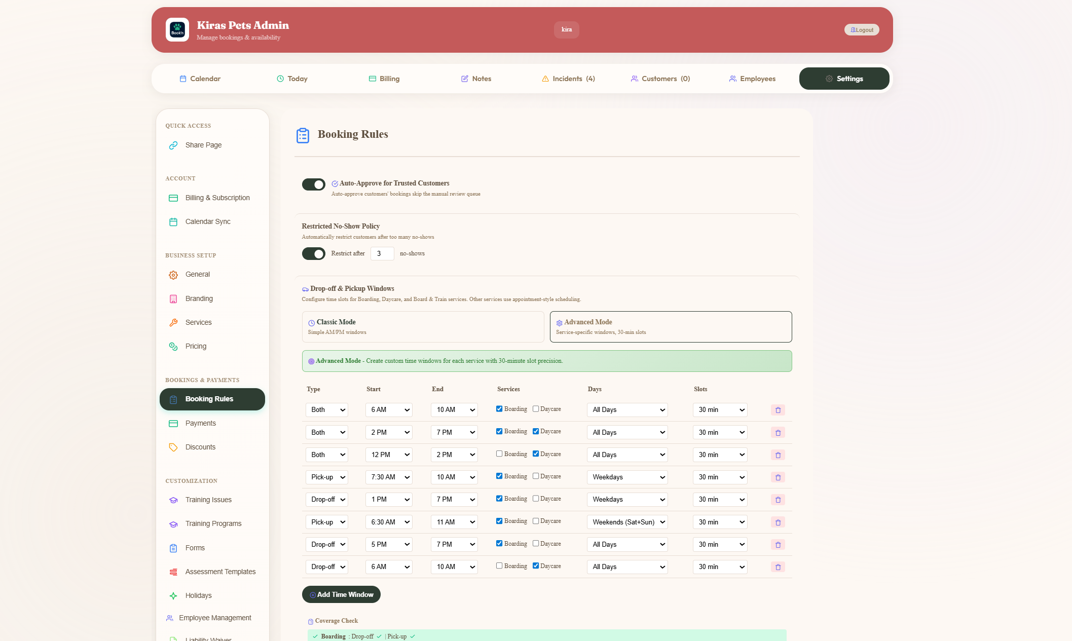 Booking Rules screen showing drop-off and pickup window tables per service with start, end, days, and slot increments