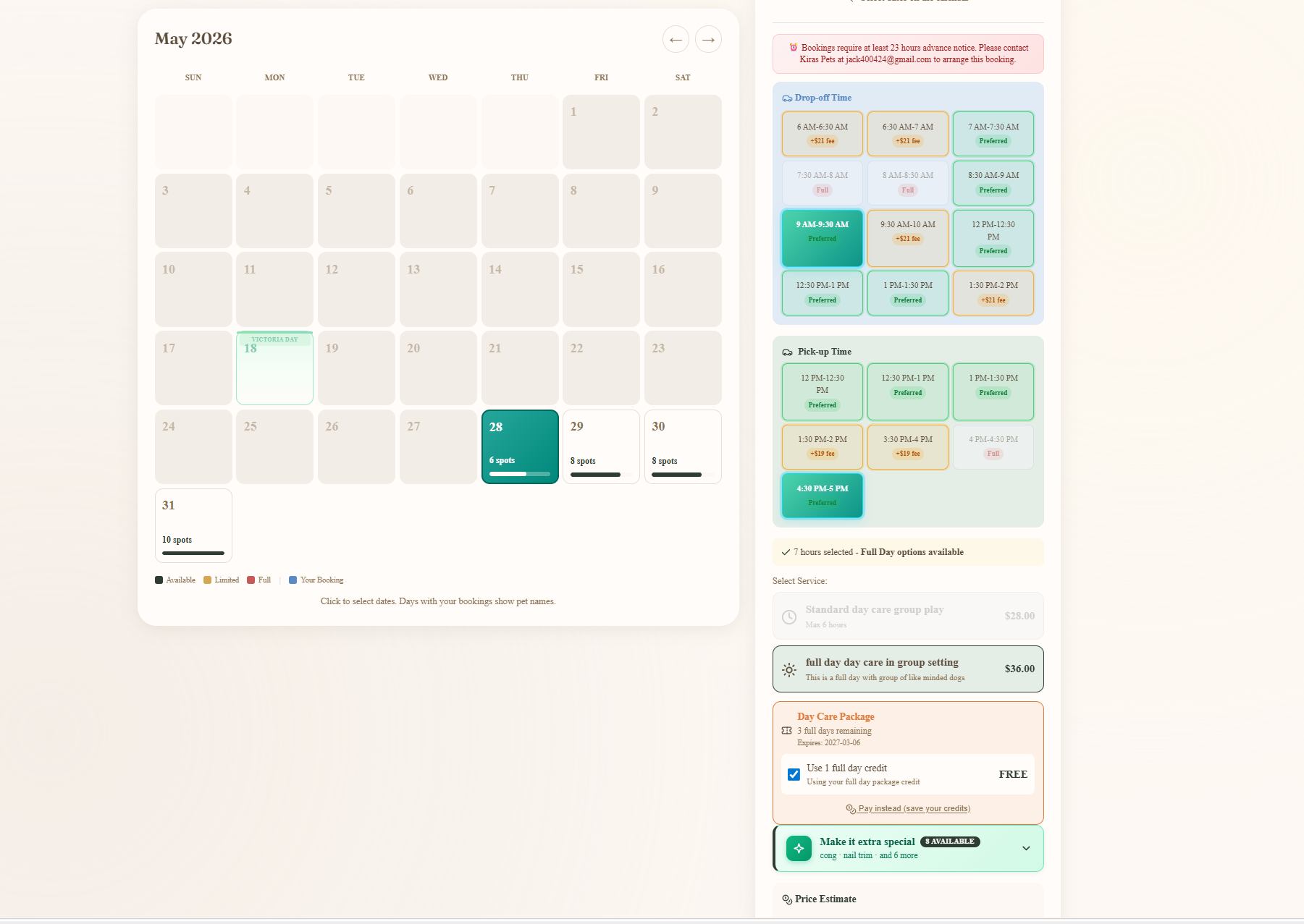 Customer daycare booking — month calendar of availability on the left, drop-off and pickup time grids plus active package and price estimate on the right