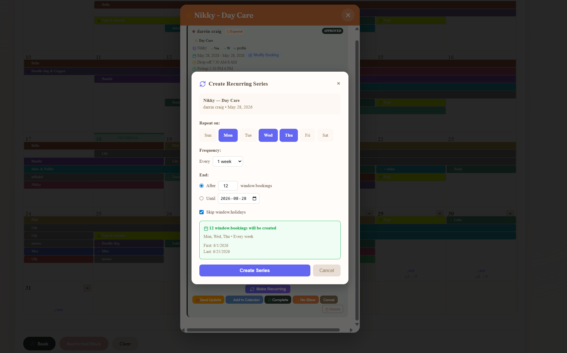 Create Recurring Series modal showing weekday toggles, every-1-week frequency, end-after-12-bookings option, skip-holidays checkbox, and a preview confirming 12 bookings will be created