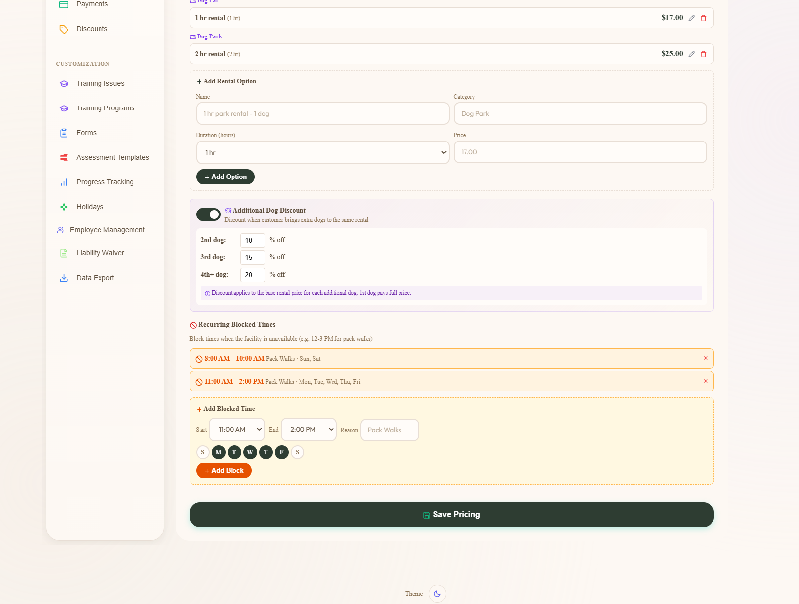 Admin Recurring Blocked Times section showing two existing blocks — 8:00 AM to 10:00 AM and 12:00 PM to 1:00 PM each repeating Mon Tue Wed Thu Fri — plus an Add Block form with start and end time pickers and day-of-week pills with weekdays selected