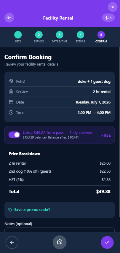 Mobile facility rental Confirm step showing pets duke plus 1 guest dog, service 2 hour rental, date Tuesday July 7 2026, time 2 PM to 4 PM, a Using $49.88 from pass Fully covered banner with $153.29 balance and balance after $103.41 marked FREE, and the price breakdown showing $25 rental, $22.50 second dog at 10 percent off, $2.38 HST and a $49.88 total