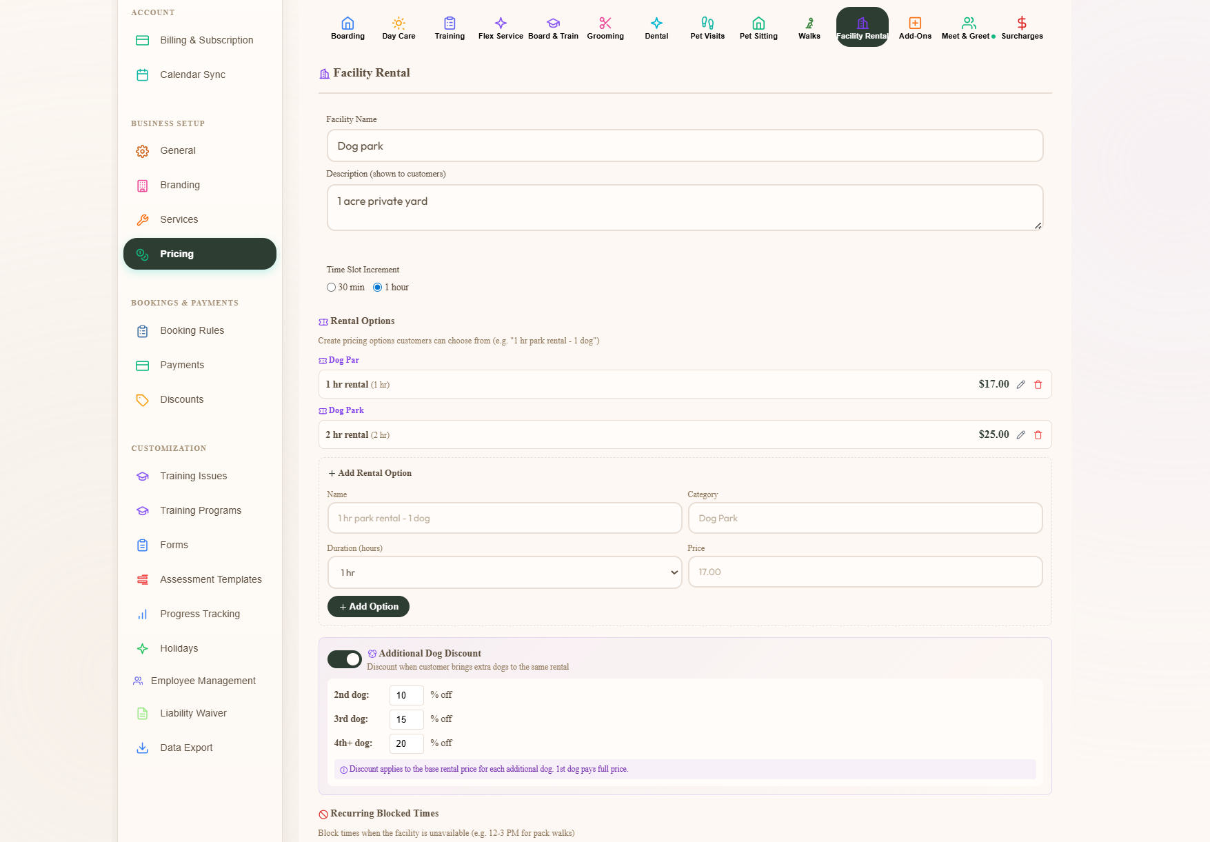 Admin Pricing tab for Facility Rental showing Facility Name and Description fields, Time Slot Increment toggle for 30 or 60 minute, Rental Options list with Dog Park options at $17.99 and $25.99, the Add Rental Option form with name, category, duration and price fields, and an Additional Dog Discount section