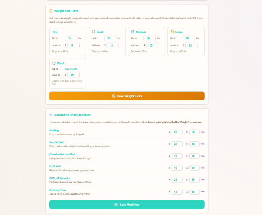 Weight Size Tiers and Automatic Price Modifiers admin showing Tiny/Small/Medium/Large/Giant tiers and Matting, Very Matted, Overdue, First Visit, Difficult Behaviour, Sanitary Trim modifiers with both price and minutes fields