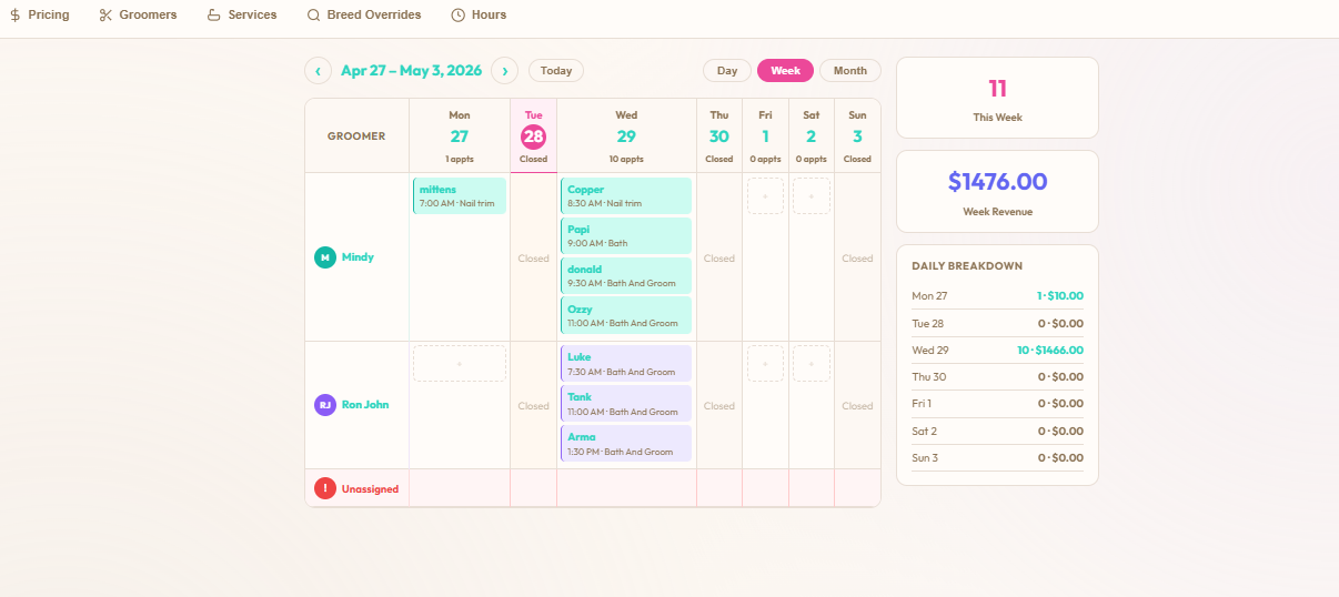 Grooming weekly calendar with appointments laid out by groomer and time slot