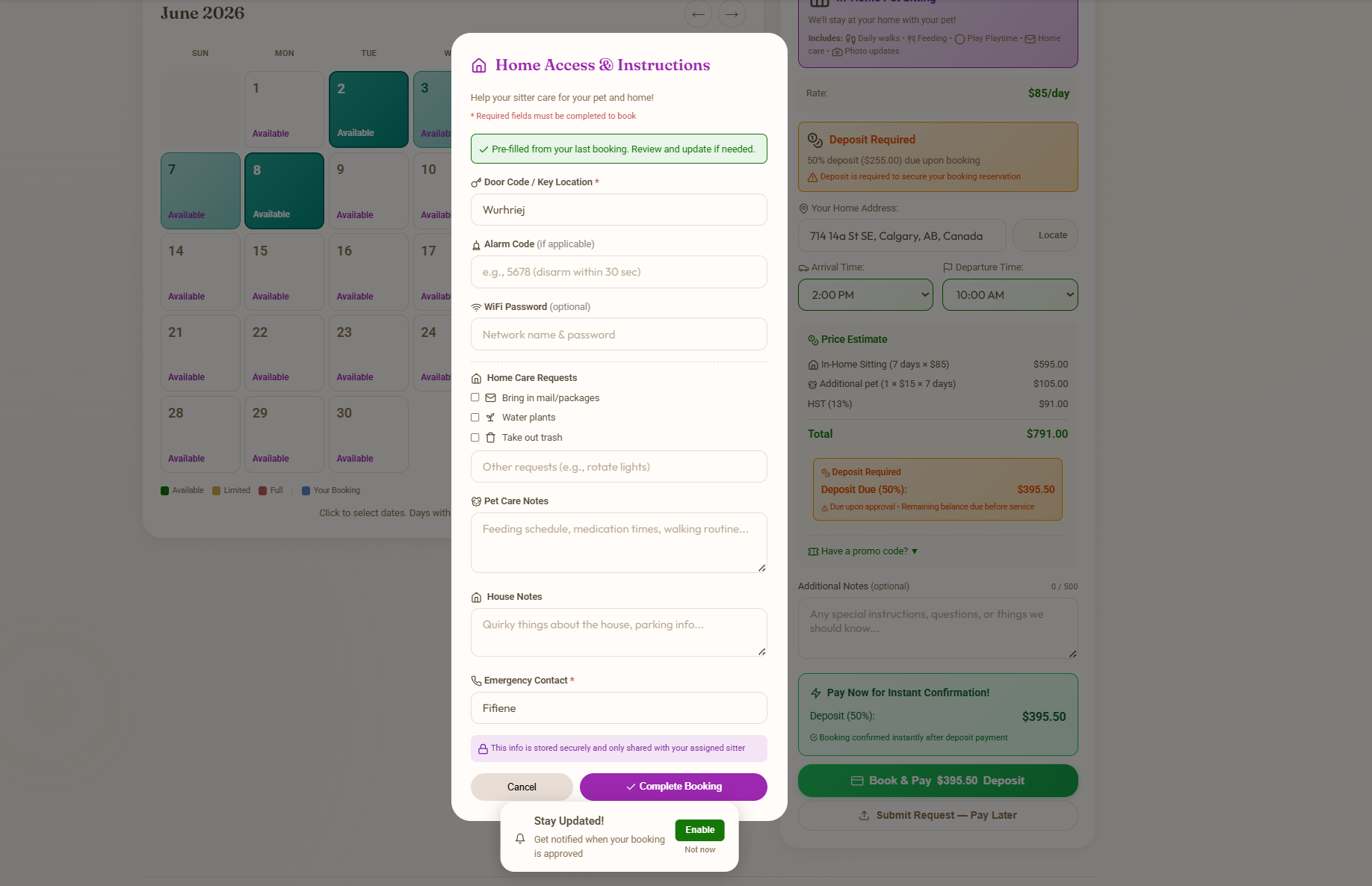 Customer Home Access and Instructions modal with door code, alarm code, WiFi password, home care requests checkboxes for bringing in mail and plant watering with an Add Other option, pet care notes and house notes textareas, emergency contact, and a Pre-filled from your last booking review and update message