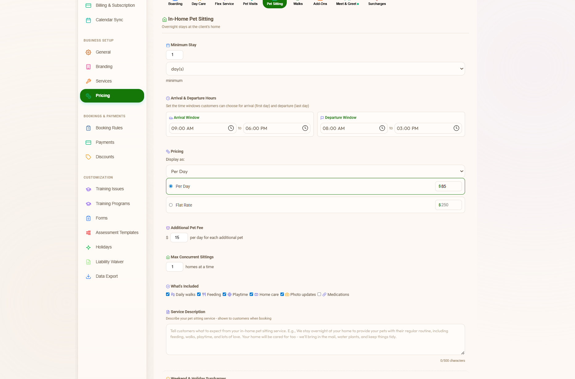 Admin Pricing screen for In-Home Pet Sitting with minimum stay, arrival and departure window pickers, Per Day pricing of $85 selected with a Flat Rate alternative, additional pet fee, max concurrent sittings, and a What's Included checklist with daily walks, feeding, playtime, in-home care, photo updates and medications