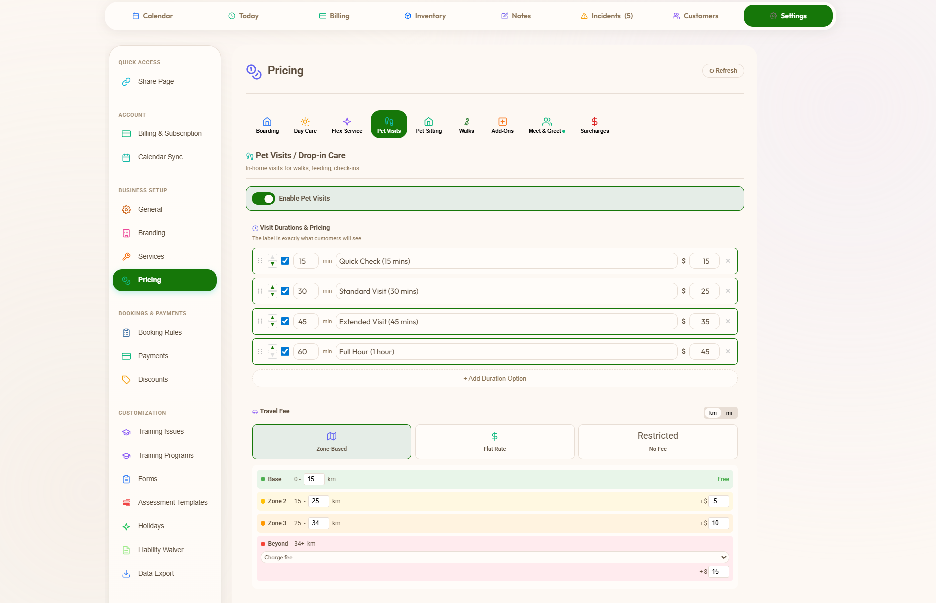 Admin Pricing tab for Pet Visits showing the Enable Pet Visits toggle, a Visit Durations and Pricing list with Quick Check 15 min $15, Standard Visit 30 min $25, Extended Visit 45 min $35, Full Hour 1 hour $45, and a Travel Fee config with Zone Based, Flat Rate and Restricted modes plus the per-zone km and price rows