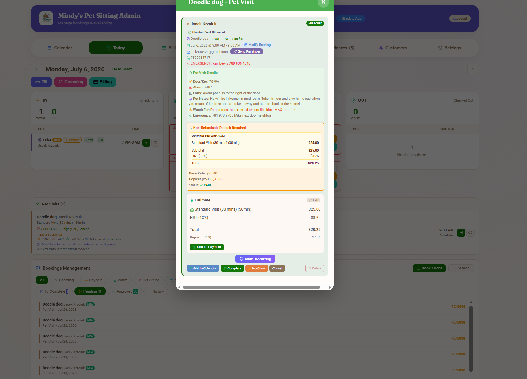 Admin desktop Today view with a pet visit booking modal open showing the booking detail for Doodle dog Pet Visit with full pricing breakdown, address, time slot and action buttons for Save Edits, Complete, No Show and Cancel