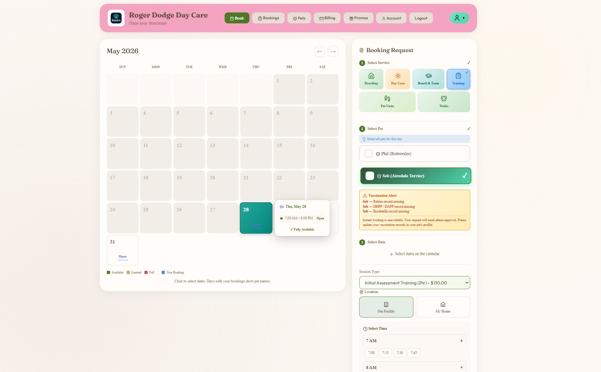 Customer training booking view at Roger Dodge Day Care — service grid with Training selected, pet picker, session type dropdown, location toggle between Our Facility and In-Home, and the month availability calendar