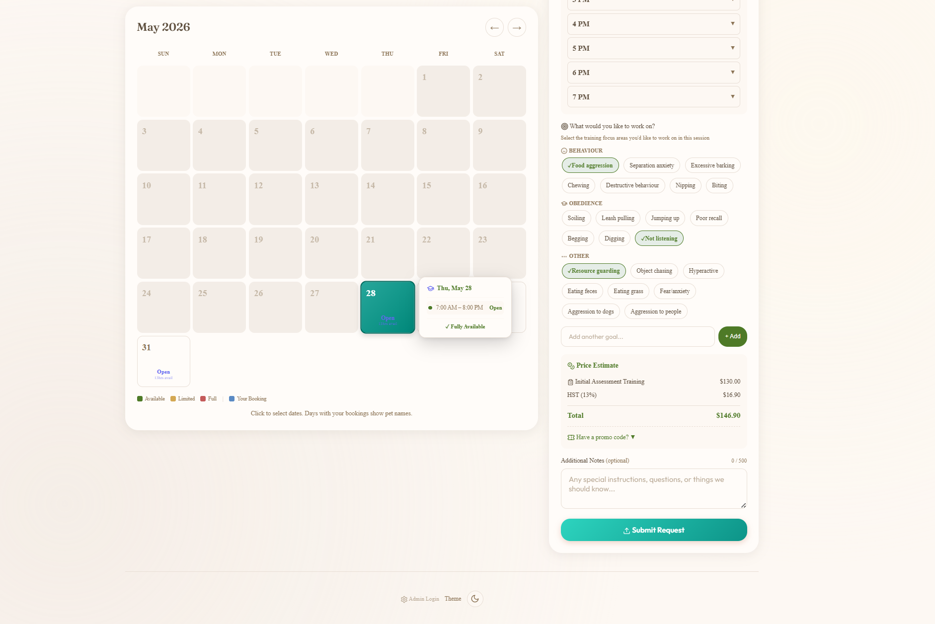 Customer booking flow on the Goals step showing time slots, goal chips with Food aggression and Toy thieving selected, an Add another goal input, a live Price Estimate panel with session price, tax and total, plus the Submit Request button