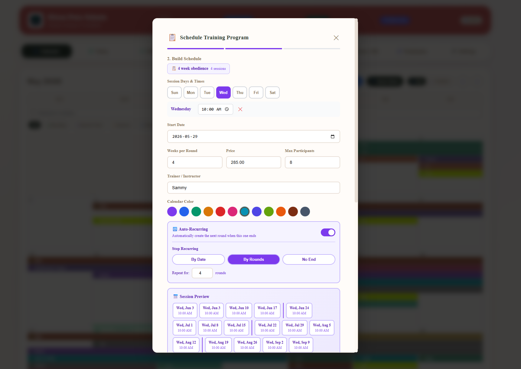 Schedule Training Program modal showing day-of-week picker, time, start date, weeks per round, price, max participants, trainer name, calendar colour palette, auto-recurring toggle with By Date and By Rounds options, and an invoice preview at the bottom showing the five recurring invoices