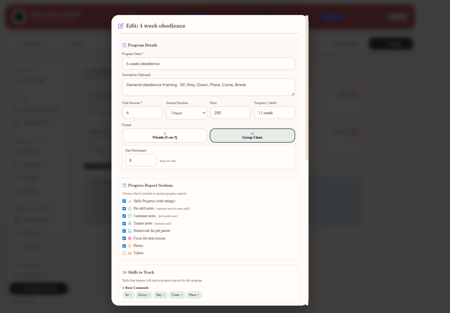 Edit Training Program modal for 4 week obedience showing program name, description, total sessions, session duration, price, frequency, format toggle Private versus Group Class with max participants, progress report sections checklist, and skills to track with Basic Commands listed