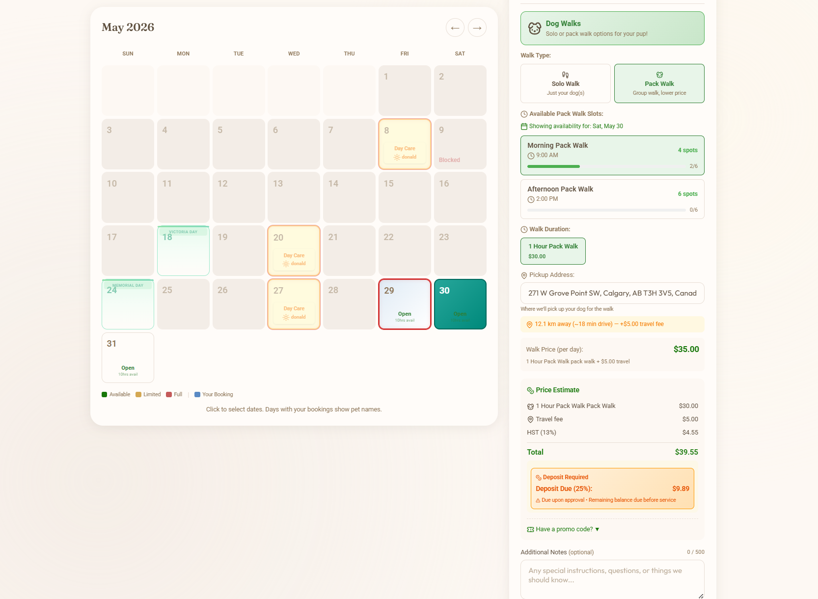 Desktop booking flow for a dog walk: a month calendar, walk type tiles, the pickup address filled in, and an itemised estimate showing the walk, the travel fee, tax and the deposit